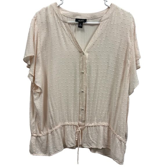 Alyx Pink Rayon Swiss Dot Flutter Sleeve Button Up Drawstring Waist Blouse XL - Picture 4 of 8